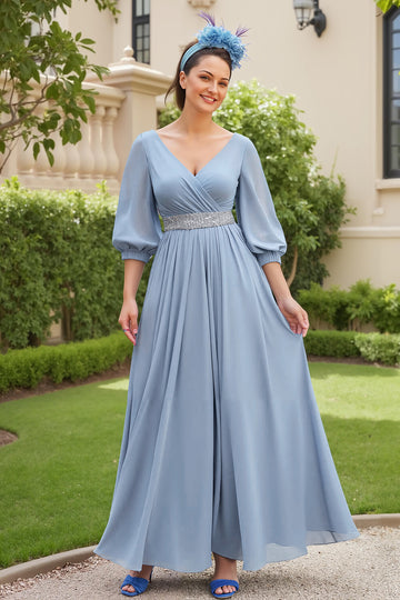 Dusty Blue A Line 3/4 Sleeve Chiffon Wedding Guest Dress with Beading